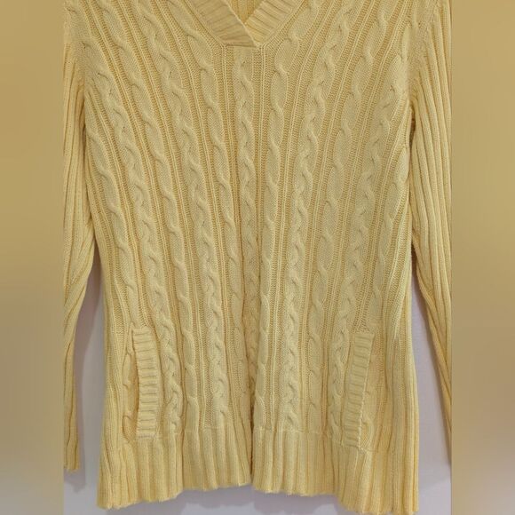 Liz & Co Yellow Cable Knit Sweater 2X 100% Cotton Collared V-Neck Preppy Coastal - Picture 8 of 8